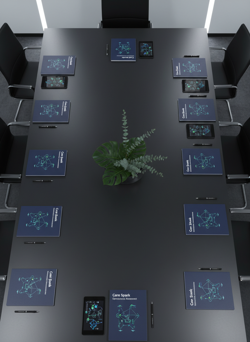 A high-level overhead shot of a large, dark-charcoal conference table in a minimalist boardroom, with no people present. At each seat, there is a neatly arranged set of materials: a navy-blue folder labeled “Care Spark Operational Assessment,” a slim digital tablet showing a process-optimization diagram, and a fine-line pen aligned parallel to the folder edge. At the center of the table, an elegant, low glass bowl holds a simple arrangement of green foliage, adding a touch of calm. Cool, even LED ceiling lighting creates precise, shadowed edges and a professional, corporate atmosphere. Photographic realism with sharp focus across the frame, emphasizing symmetry and order. The composition suggests readiness for a strategic healthcare consulting session focused on efficiency and financial performance.