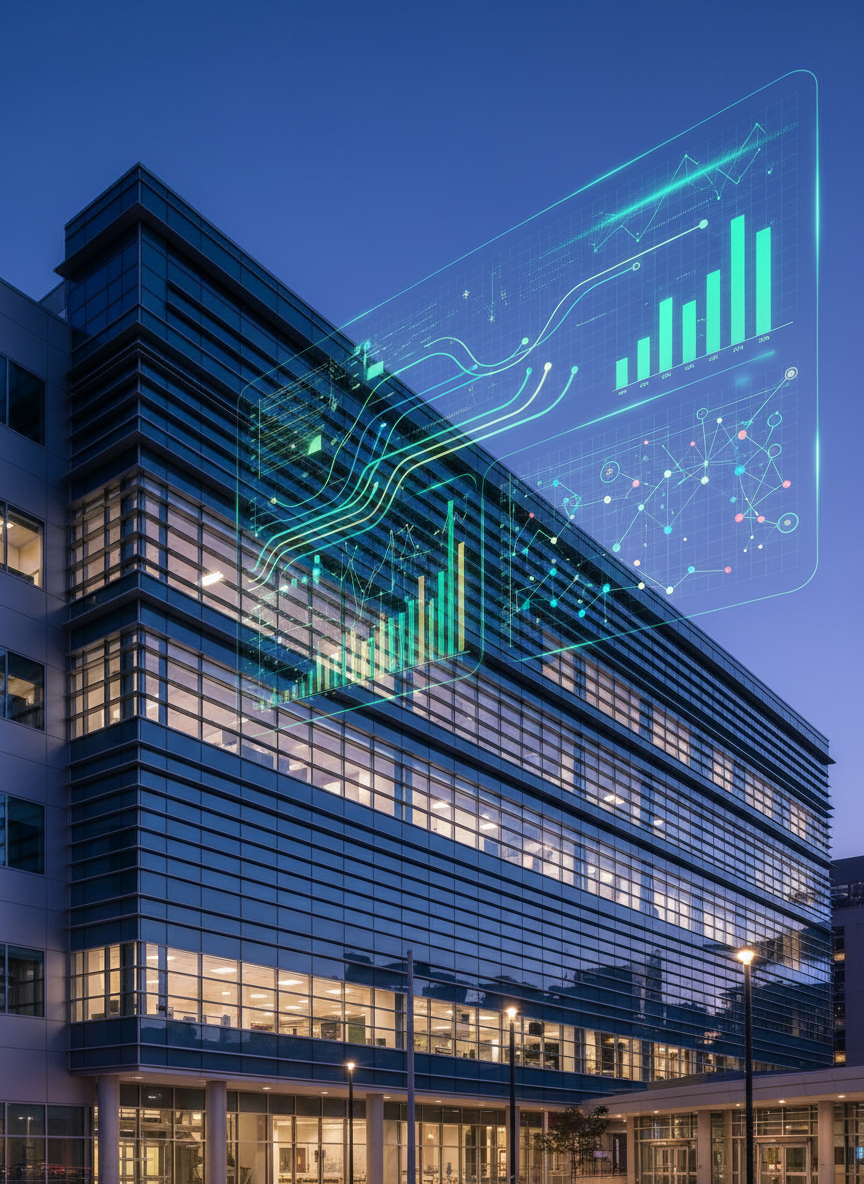 A modern hospital exterior at twilight, captured from a slight distance, with a transparent overlay of glowing, semi-abstract data visualizations hovering above the building: flowing patient pathways, bar charts for cost savings, and node-based network diagrams for operations. The hospital architecture features clean glass and steel lines, subtly reflecting the cobalt-blue evening sky. Gentle, cool-toned ambient lighting from street lamps and interior windows creates a professional, composed atmosphere. Photographic realism with cinematic tones, shot from a slightly elevated angle to show both the building and the hovering analytics. The composition uses asymmetrical balance, with the hospital on one side and transparent data graphics on the other, conveying how consulting insights ignite change in institutional healthcare performance.