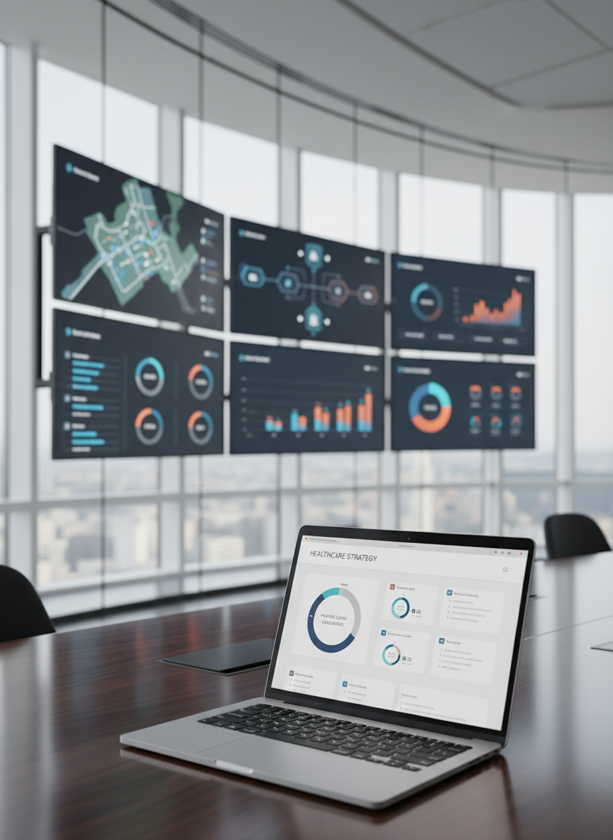 A sleek, glass-walled healthcare operations command center with multiple ultra-wide digital dashboards displaying colorful but tasteful analytics: bed utilization, patient flow diagrams, financial performance charts, and efficiency metrics. In the foreground, a polished dark-wood table holds a thin silver laptop open to a clean, data-driven dashboard. Soft, indirect daylight from tall windows washes over the room, reflecting subtly on the glossy surfaces and screens. The mood is professional, calm, and in-control, emphasizing clarity and strategic insight. Photographic realism with a clean, modern corporate aesthetic, captured at eye level with a shallow depth of field so the foreground laptop is crisp while the background analytics softly blur, reinforcing focus on intelligent healthcare consulting.