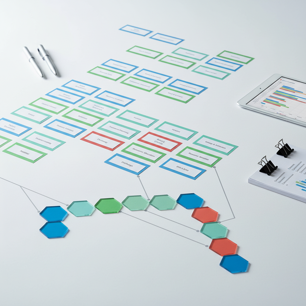 A close-up, overhead view of a meticulously organized healthcare workflow map drawn across a large matte-white table. Color-coded cards, hexagonal acrylic tiles, and neatly printed labels outline patient journey stages, financial checkpoints, and operational bottlenecks. Slim metallic pens, a thin tablet showing a Gantt chart, and a small stack of neatly clipped reports add subtle texture. Cool, diffused studio lighting from above creates even illumination, soft shadows, and crisp detail on every element. The atmosphere is analytical yet optimistic, suggesting structured problem-solving. Photographic realism with a minimalist, high-end consulting aesthetic, framed using the rule of thirds to highlight a central path of tiles leading diagonally across the composition, symbolizing a streamlined, optimized healthcare operation.