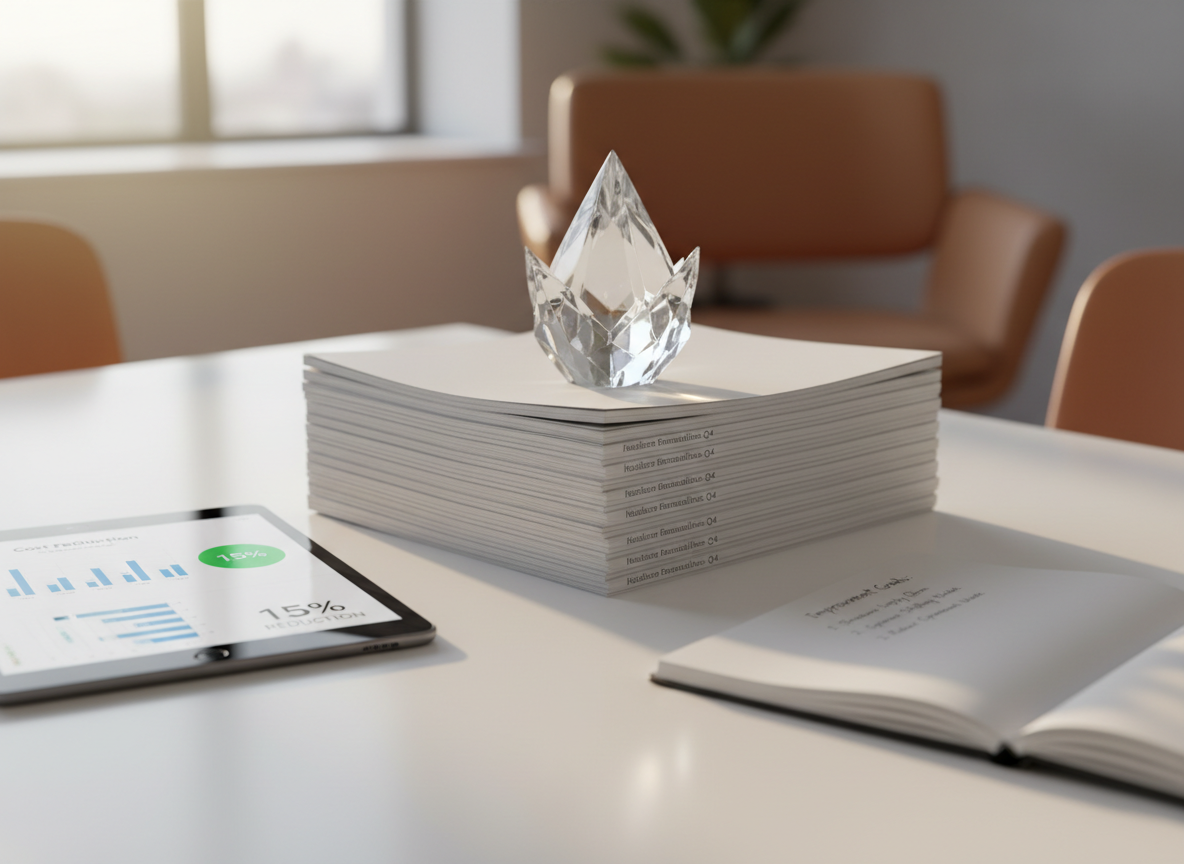 A close-up, eye-level shot of a polished white desk in a consulting office, featuring a neatly stacked set of healthcare financial reports, a tablet showing a clear cost-reduction dashboard, and a slim notebook open to a page of structured improvement goals. A transparent glass paperweight in the shape of a stylized spark sits on top of the top report, catching the light. Soft morning sunlight filters through an unseen window, creating gentle highlights on the glass and subtle shadows along the paper edges. The mood is focused, precise, and quietly confident. Photographic realism with a clean, professional aesthetic; shallow depth of field keeps the spark-shaped paperweight and dashboard in sharp focus while the background softly fades, symbolizing clarity emerging from complexity.